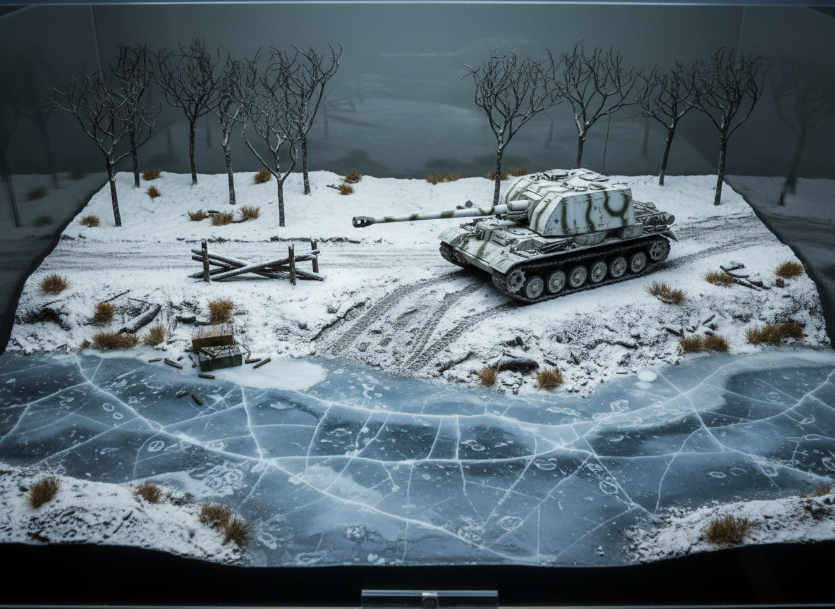 A panoramic 1/35 scale winter battlefield diorama depicting a frozen river crossing, with a camouflaged self-propelled gun positioned on a snow-dusted embankment. The ice surface shows subtle cracks, translucent depth, and a faint bluish tint, while the surrounding snow is textured with footprints, track marks, and patches of exposed earth. Nearby, a hastily constructed log barrier and a partially buried ammo crate add narrative detail. Bare, twisted trees with fine branches frame the scene. Cool, overcast studio lighting simulates a cloudy winter day, creating diffuse highlights on the ice and soft shadows under the vehicle. Captured from a slightly elevated wide angle with deep focus, the image feels expansive, stark, and somber, emphasizing photographic realism and environmental storytelling tailored to serious military history enthusiasts.