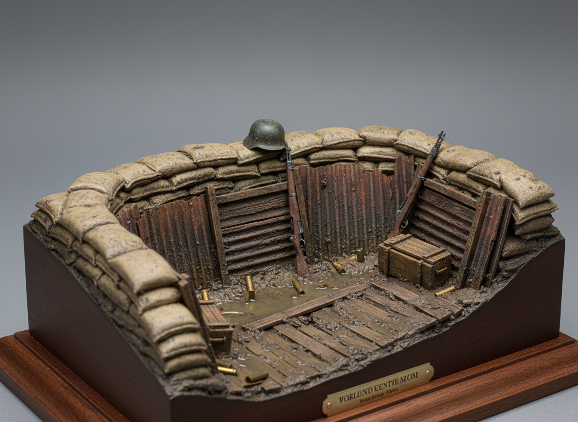 A meticulously detailed 1/35 scale military diorama representing a muddy WWII frontline trench, with weathered sandbags, rust-streaked corrugated metal, wooden duckboards slick with pooled water, and scattered spent shell casings. No figures are present, only equipment: a mud-caked steel helmet, a dented ammo crate, and a leaning bolt-action rifle. The scene sits on a dark wooden display base against a neutral studio backdrop. Soft, diffused three-point studio lighting creates realistic highlights on wet mud textures and gentle shadows in recesses. Photographed at eye level with shallow depth of field, focusing sharply on the trench parapet, with the background softly blurred. The atmosphere feels serious, documentary, and historically respectful, emphasizing professional, photographic realism and fine craftsmanship.