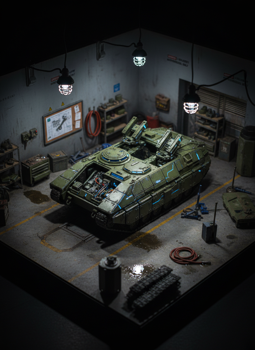 A tightly framed 1/35 scale diorama vignette showing the interior of an armored vehicle maintenance bay in an alternate-history near-future setting. An open-top armored vehicle with unconventional reactive armor tiles and modular weapon mounts sits on a stained concrete floor, surrounded by tool chests, spare track links, hydraulic jacks, and neatly coiled hoses. Overhead industrial lamps cast cool, focused pools of light that reflect subtly off chipped paint and oil-slick surfaces, leaving the corners of the scene in soft shadow. The walls feature detailed warning stencils, storage racks, and a schematic pinned to a board. Photographed from a slightly elevated three-quarter angle with shallow depth of field, the sharp focus on the vehicle’s exposed engine compartment emphasizes intricate detailing. The mood is technical and analytical, with clean photographic realism underscoring the site’s professional, “what if” military theme.