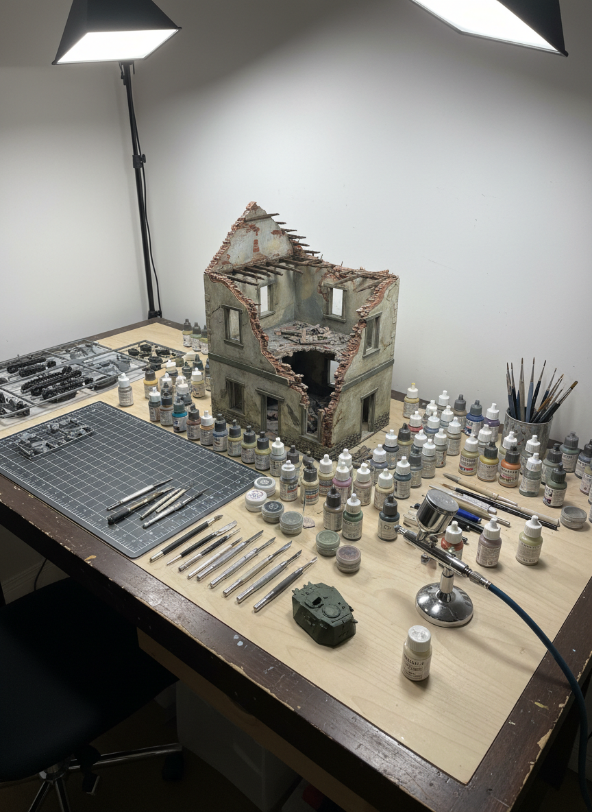 A large workbench dedicated to 1/35 military diorama building, covered with neatly arranged tools and in-progress terrain. A partially constructed ruined stone building with cracked plaster walls and exposed brick dominates the center, surrounded by organized paint bottles, precision knives, weathering pigments, and a clean cutting mat with measurement grids. Small sprues of plastic tank parts rest beside a metal airbrush on its stand. Overhead, bright but diffused studio lighting evenly illuminates every surface, minimizing harsh shadows while creating soft reflections on metal tools and paint bottles. Shot from a slightly elevated three-quarter angle with sharp focus throughout, the composition showcases a professional, well-organized workspace. The mood is focused and industrious, highlighting photographic realism, clean lines, and the meticulous nature of military diorama craftsmanship.
