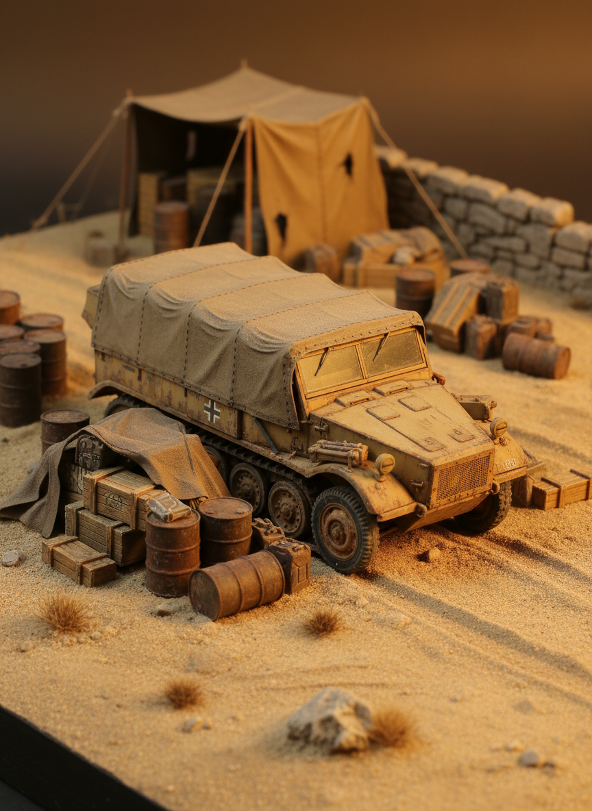 A 1/35 scale North African desert supply depot diorama, centered on a weather-beaten halftrack parked beside stacked wooden crates, fuel drums, and jerry cans. The sandy terrain features subtle tire ruts, scattered scrub vegetation, and small rocks, all rendered with convincing textures and color variation. Canvas tarps sag realistically over cargo, with finely painted stitching and dust accumulation. In the background, a low stone wall and a simple tent structure break the horizon line. Warm, golden-hour studio lighting from the right mimics late afternoon sun, casting long, soft shadows and creating a gentle glow across the sand. Shot from an eye-level perspective with rule-of-thirds composition, the image feels expansive yet intimate, combining photographic realism with a calm, historically grounded atmosphere ideal for showcasing desert weathering techniques.