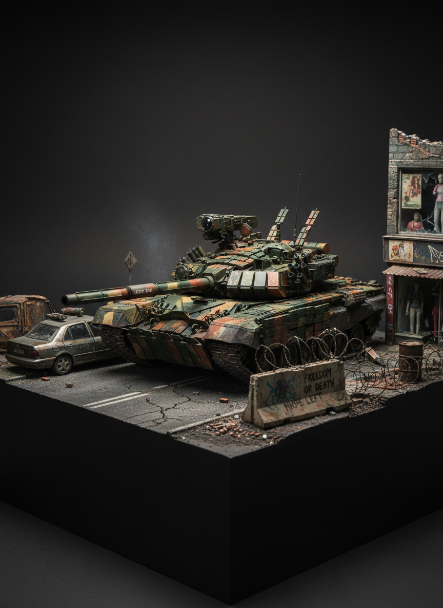 A 1/35 scale “what if” cold war urban battlefield diorama featuring a heavily modified main battle tank with speculative armor plating, experimental sensor arrays, and an unusual camouflaged paint scheme. The tank rumbles down a cracked asphalt street lined with abandoned civilian cars, shattered storefronts, and scattering debris. Graffiti-covered concrete barriers and twisted rebar hint at prolonged conflict. The diorama sits on a low-profile black base against a dark gray gradient backdrop. Dramatic side lighting from the left casts long, moody shadows and sharp rim highlights along the tank’s edges, emphasizing angular armor and weathering. Photographed at a low, cinematic angle with moderate depth of field, the image feels tense and speculative, blending photographic realism with an alternate-history, professional presentation suitable for a portfolio cover.