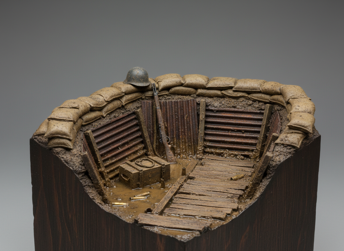 A meticulously detailed 1/35 scale military diorama representing a muddy WWII frontline trench, with weathered sandbags, rust-streaked corrugated metal, wooden duckboards slick with pooled water, and scattered spent shell casings. No figures are present, only equipment: a mud-caked steel helmet, a dented ammo crate, and a leaning bolt-action rifle. The scene sits on a dark wooden display base against a neutral studio backdrop. Soft, diffused three-point studio lighting creates realistic highlights on wet mud textures and gentle shadows in recesses. Photographed at eye level with shallow depth of field, focusing sharply on the trench parapet, with the background softly blurred. The atmosphere feels serious, documentary, and historically respectful, emphasizing professional, photographic realism and fine craftsmanship.
